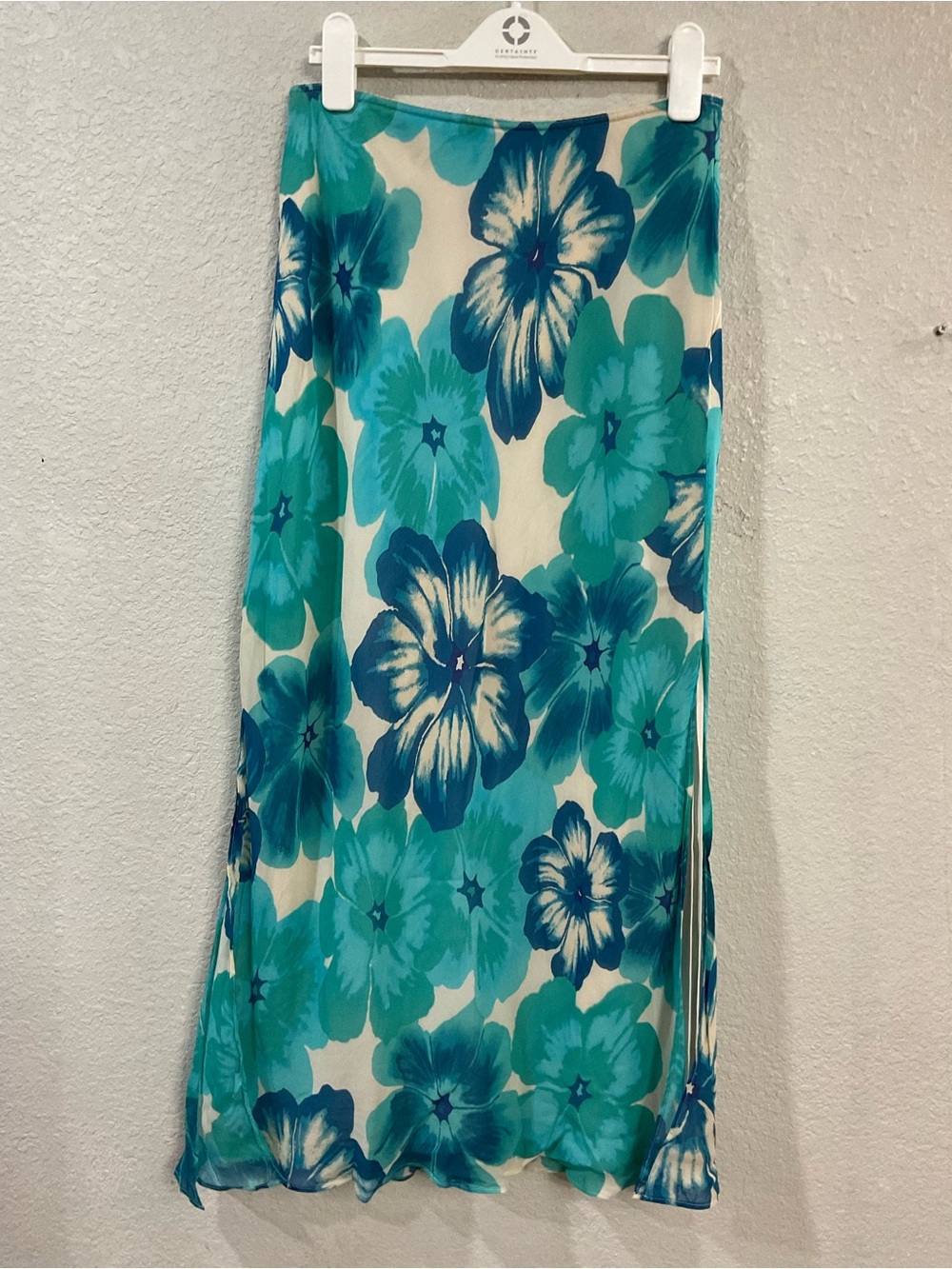 Express Y2K 100% Silk Blue & Teal Floral Maxi Skirt - Picture 2 of 5